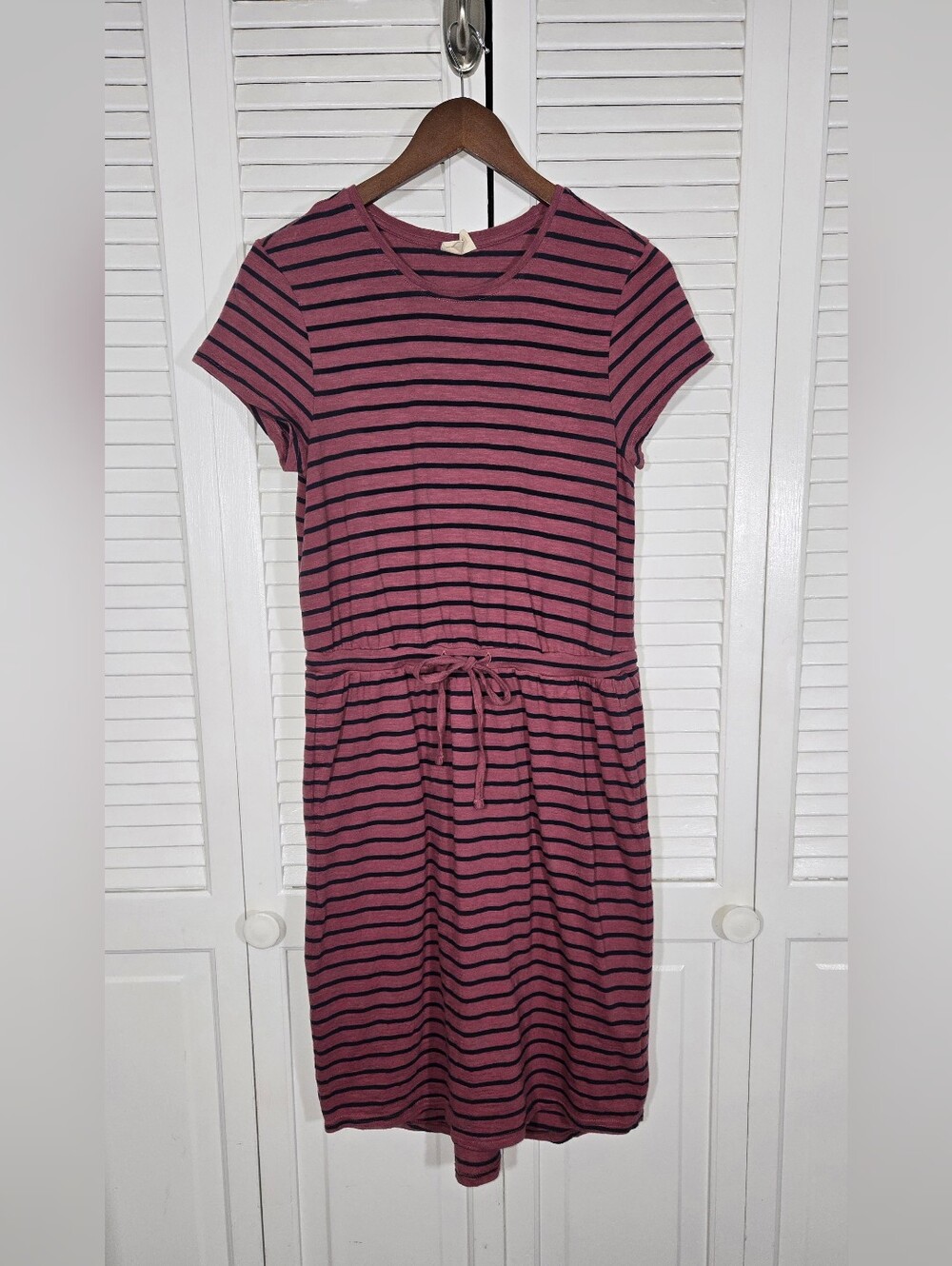 Pact Sea Ranch Striped Short Sleeve Drawstring Waist Dress - Mauve/Black Slub Sz